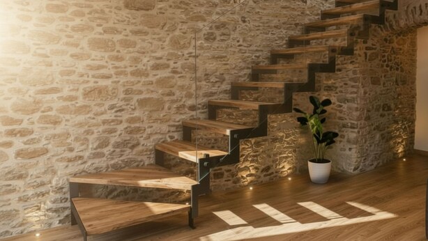 Eine Treppe mit Holzbodenstufen und Metallgeländern an einer Steinwand.