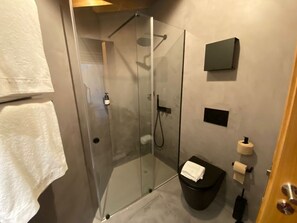 Douche, sèche-cheveux, serviettes fournies, savon