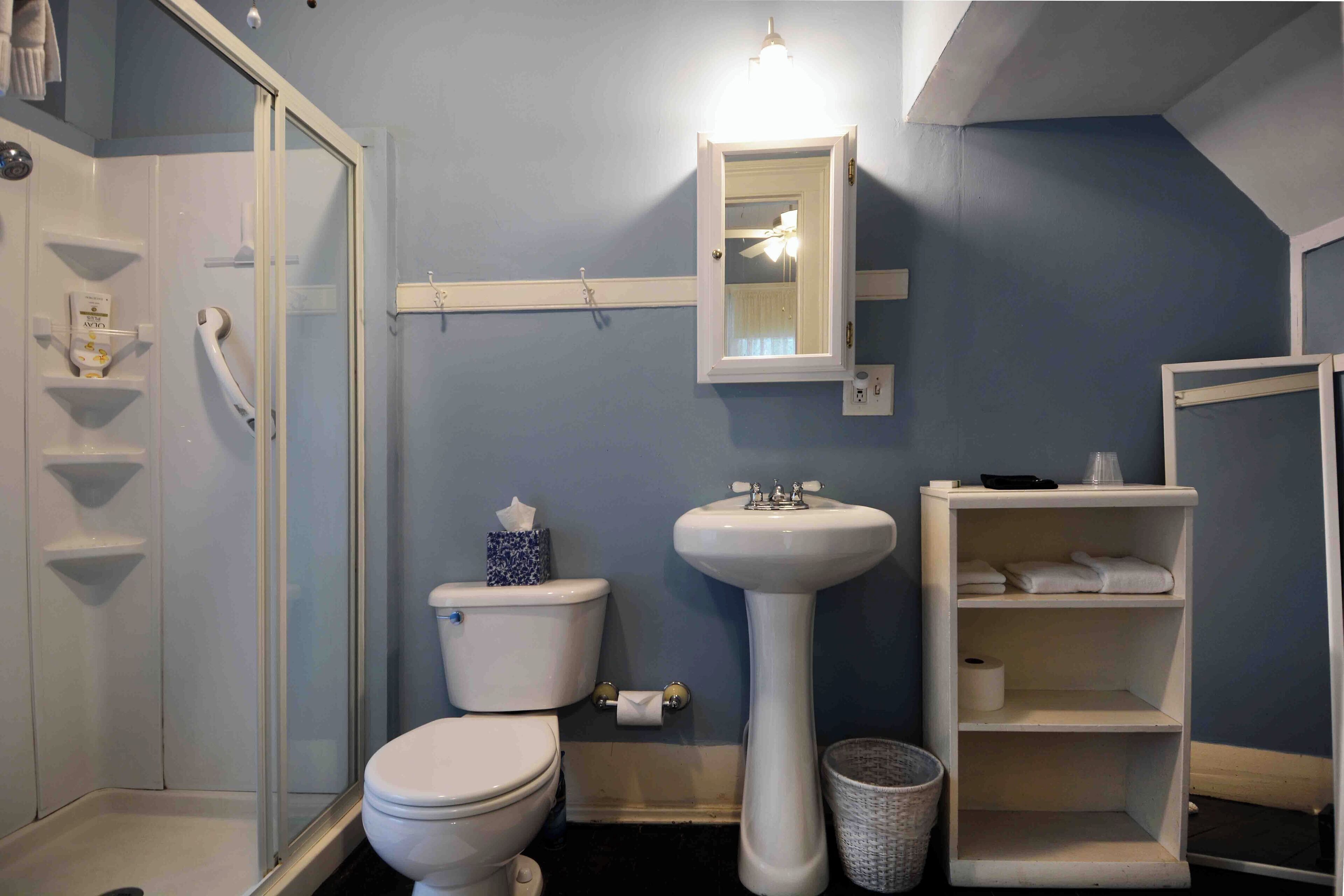 Douche, sèche-cheveux, serviettes fournies, savon