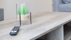 A remote control on a wooden surface with a framed picture and a glass vase with a plant.
