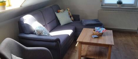 A cozy living room with a sofa, armchair, and wooden coffee table. A skylight and window provide natural light.