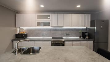 Basic Apartment | Private kitchen | Full-sized fridge, microwave, oven, stovetop