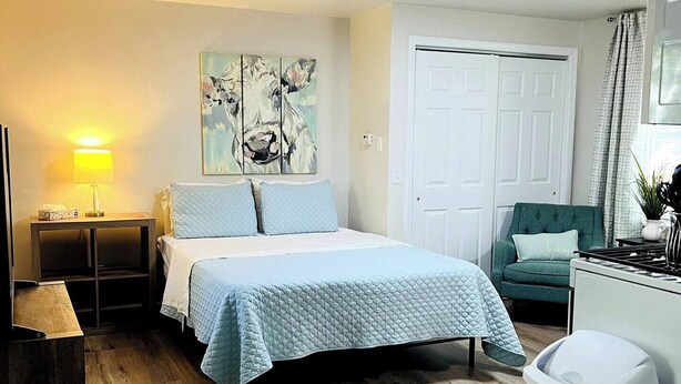 Une chambre à coucher comprenant un lit, des tables de chevet, une lampe, un tableau, une armoire, une chaise, un coin cuisine et une poubelle.