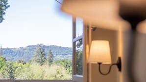 A room with a window overlooking a forested area.