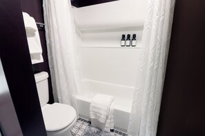 Hair dryer, towels, soap, shampoo