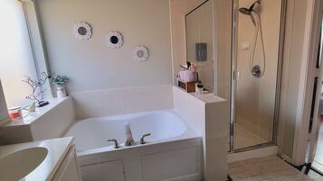 Hair dryer, towels, soap, toilet paper