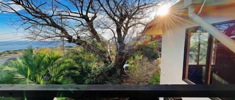 A balcony with a view of a tree and a distant landscape.