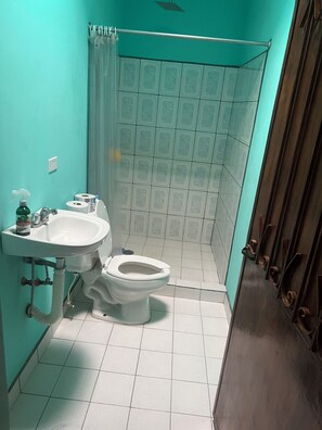 Een douche, een haardroger, handdoeken, zeep