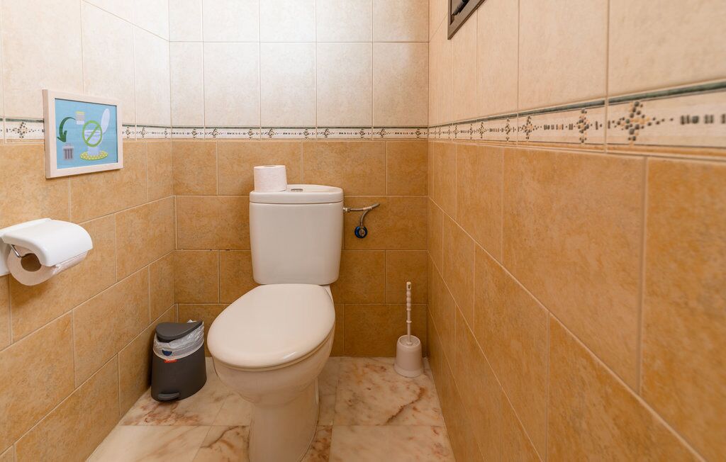 Un baño pequeño con un inodoro, un cubo de basura y un dispensador de papel higiénico.