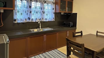Fridge, microwave, electric kettle, toaster