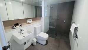 A modern bathroom with a glass shower enclosure, a white sink, and a toilet. - Two Bedroom Apartment (Hamilton)