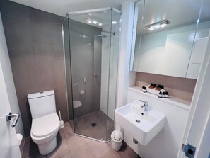 Ein modernes Badezimmer mit einer Duschkabine, einer Toilette und einem Waschbecken mit Spiegel darüber.
