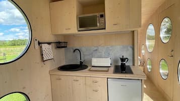 Frigorífico, microondas, horno y placa de cocina