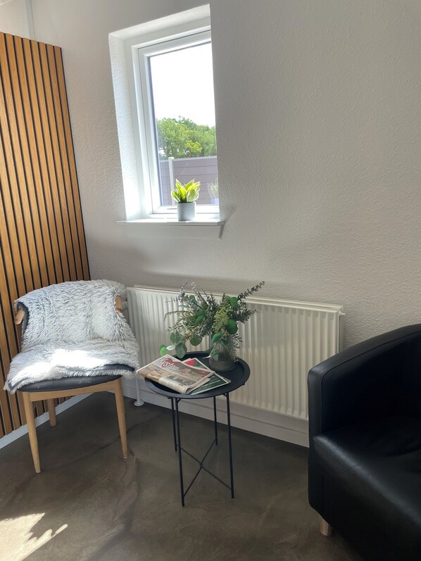 A room with a wooden slatted wall, a window with a plant, a radiator, a small table with a plant and a magazine, a fluffy chair, and a black sofa.