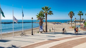 A coastal promenade with a paved walkway, palm trees, and a beach in the background.