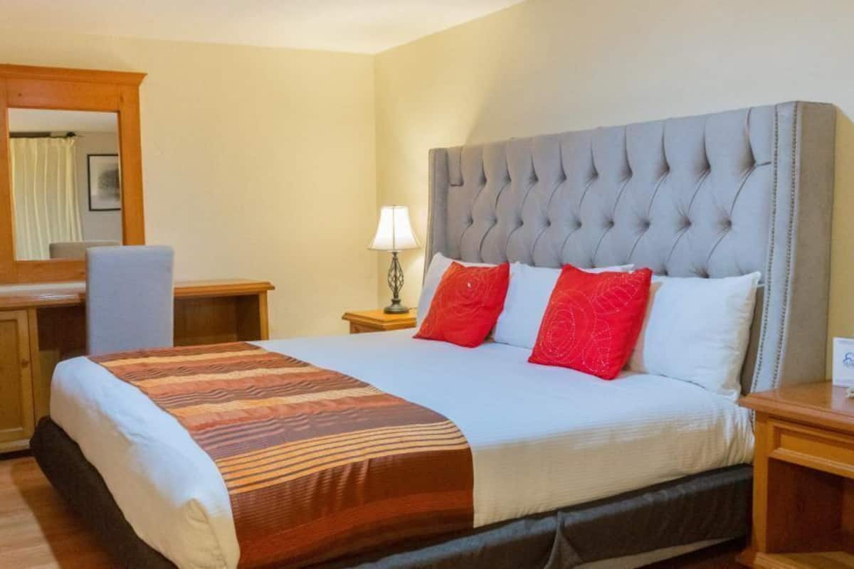 A neatly arranged hotel room with a large bed, a wooden desk, a chair, a bedside table with a lamp, and a telephone.