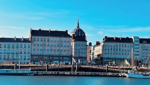 A waterfront view with a prominent building featuring a dome and a bridge.