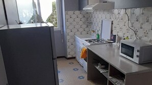 A compact kitchen with a refrigerator, microwave, and stove.