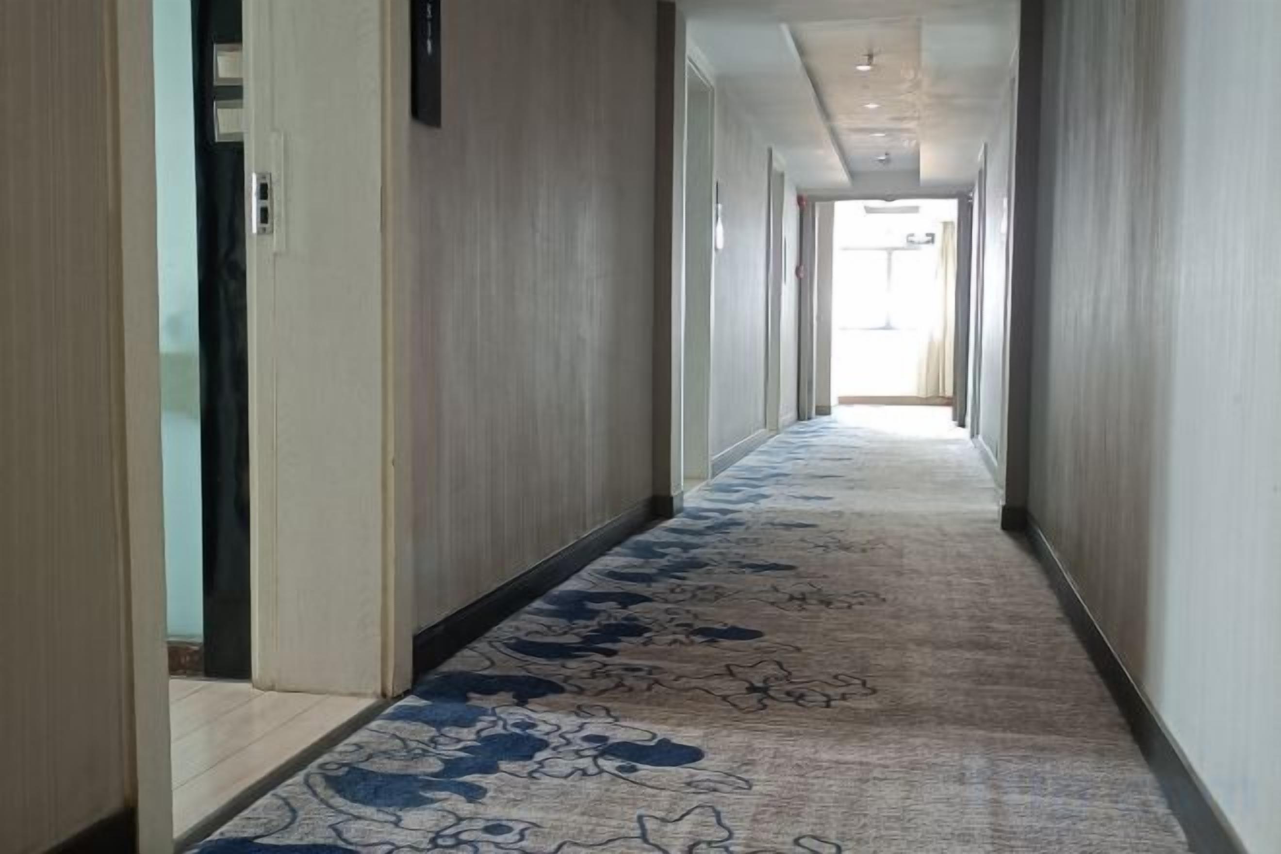 Un pasillo con alfombra estampada, puertas a ambos lados y una fuente de luz al final.