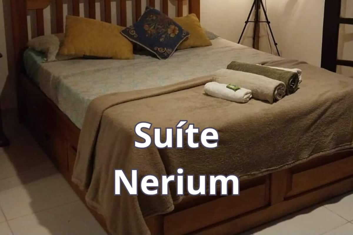 Ein Schlafzimmer mit einem hölzernen Bett, einer Stehlampe und einer Tagesdecke. Der Schriftzug 'Suíte Nerium' ist sichtbar.