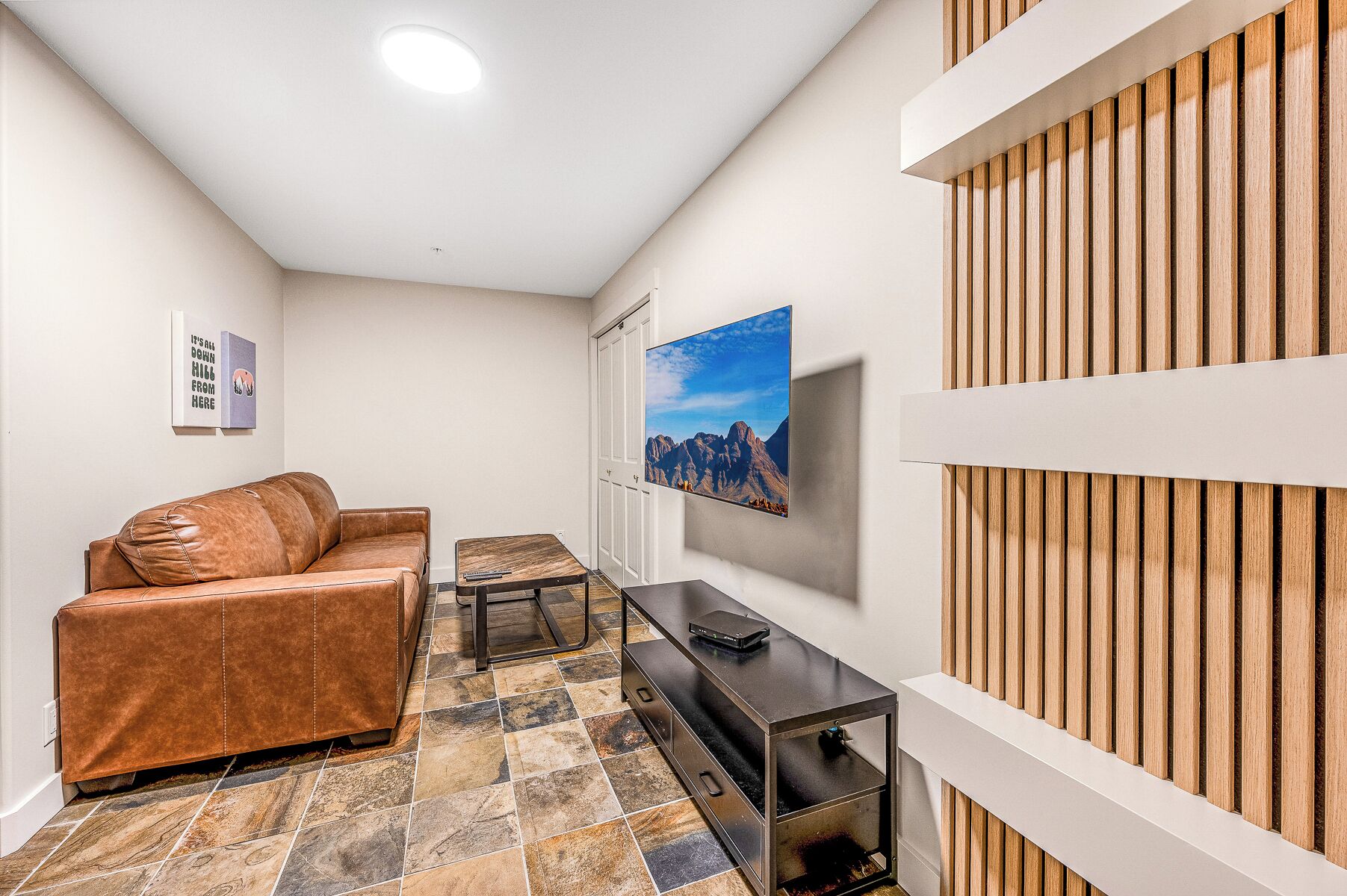 A modern living room with a leather sofa, a small table, a TV mounted on the wall, and a wooden accent wall.