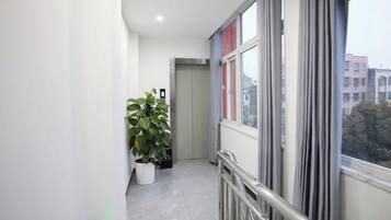 A narrow corridor with a potted plant, a door at the end, and a window with a view of buildings.
