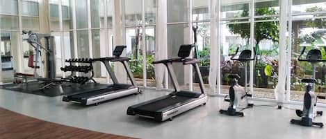 A gym with treadmills, dumbbells, and exercise machines.