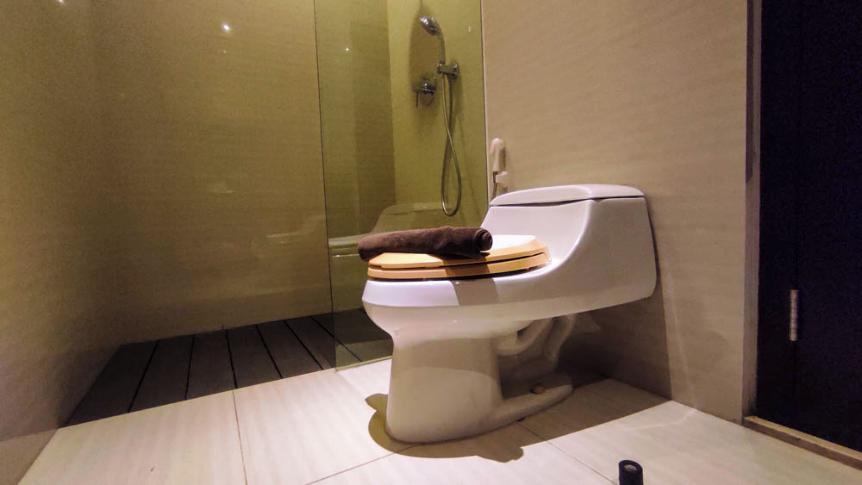 Un baño moderno con inodoro, ducha y cabina de ducha con paredes de vidrio.
