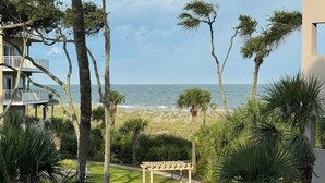 A view of a beachside property with a pergola, palm trees, and a building with balconies overlooking the ocean. - 4203 Newly Renovated 1BR 2BA Direct Ocean/Beach Views Sofa Bed Soaking Tub (Hilton Head Island)