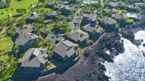 Zona residencial costera con casas rodeadas de exuberante vegetación y un litoral rocoso.
