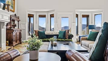 Smart TV, fireplace, table football, books