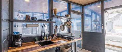 Fridge, microwave, stovetop, coffee/tea maker