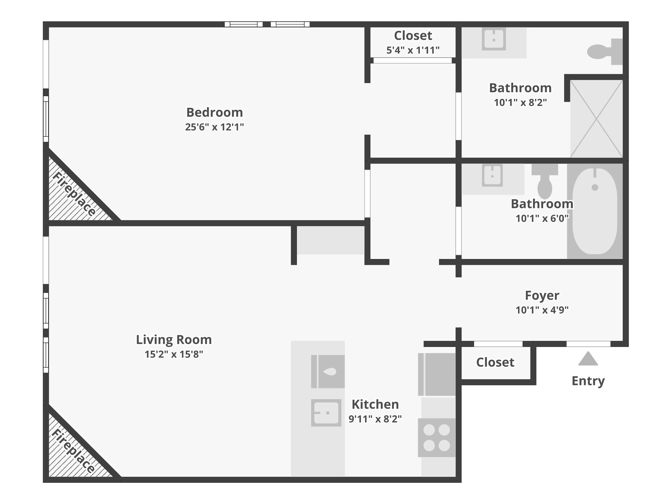 Een plattegrond met een slaapkamer, woonkamer, keuken, twee badkamers, een hal en inloopkasten.