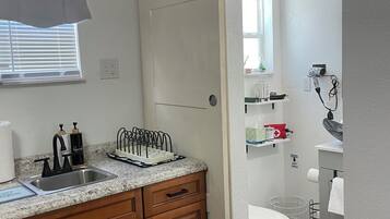 Hair dryer, bidet, towels, soap