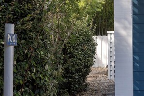 A pathway leading to a pool area, surrounded by dense foliage and a white fence.