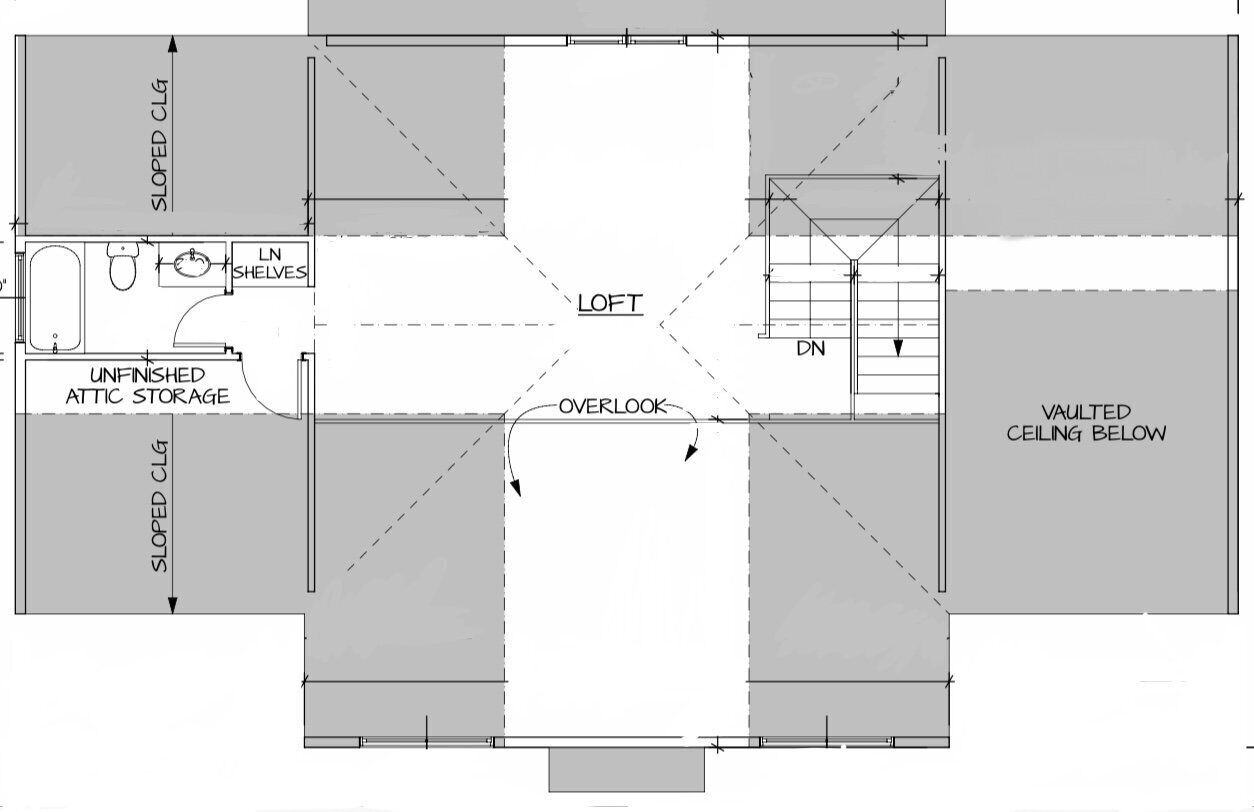 Ein Grundriss mit Schlafgalerie, geneigten Decken und einer gewölbten Decke darunter.