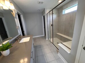 Hair dryer, towels, soap, shampoo