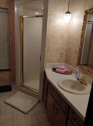 Shower, hair dryer, towels, soap