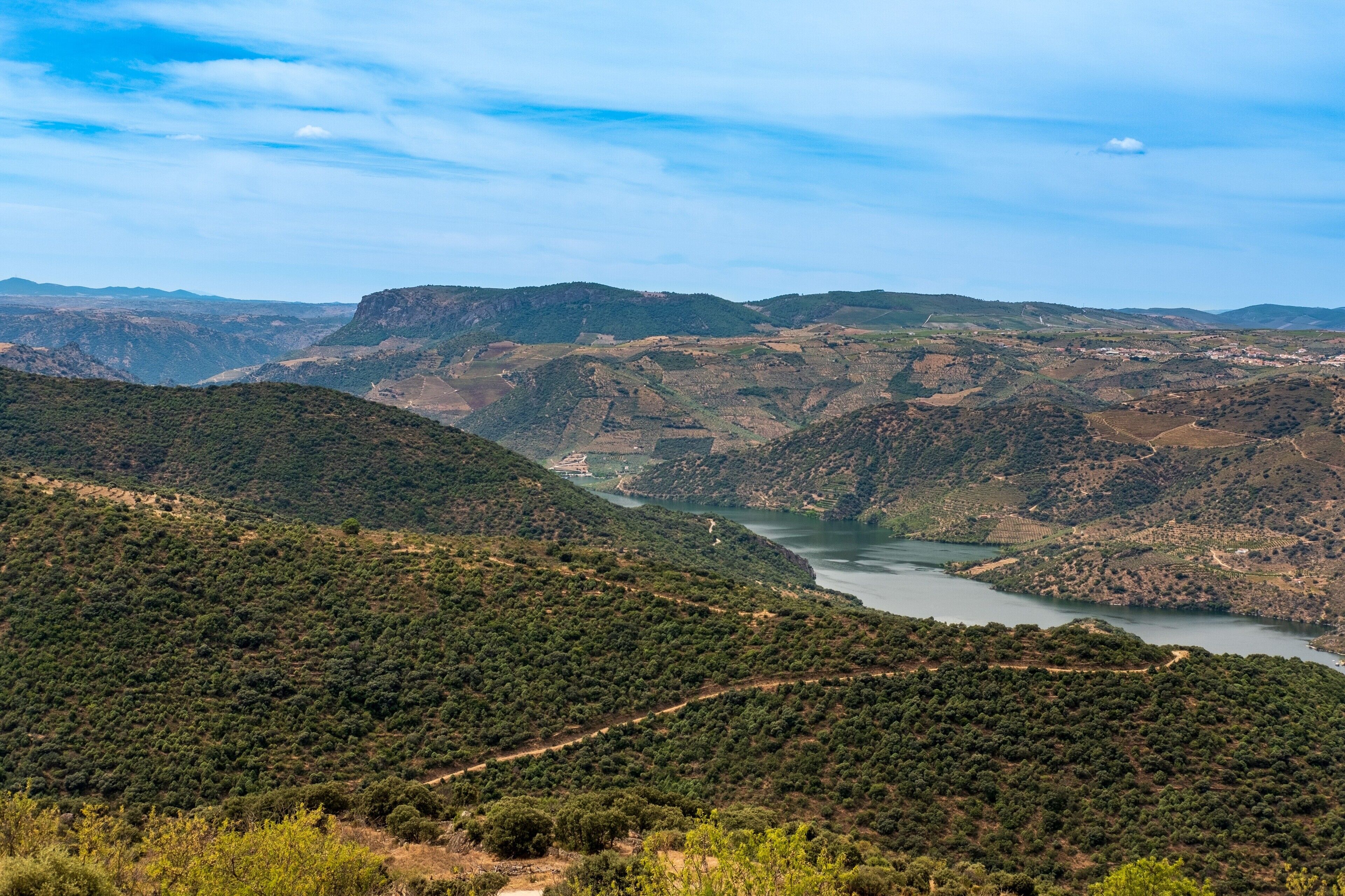 Eine gebirgige Landschaft mit Fluss, dichter Vegetation und blauem Himmel.