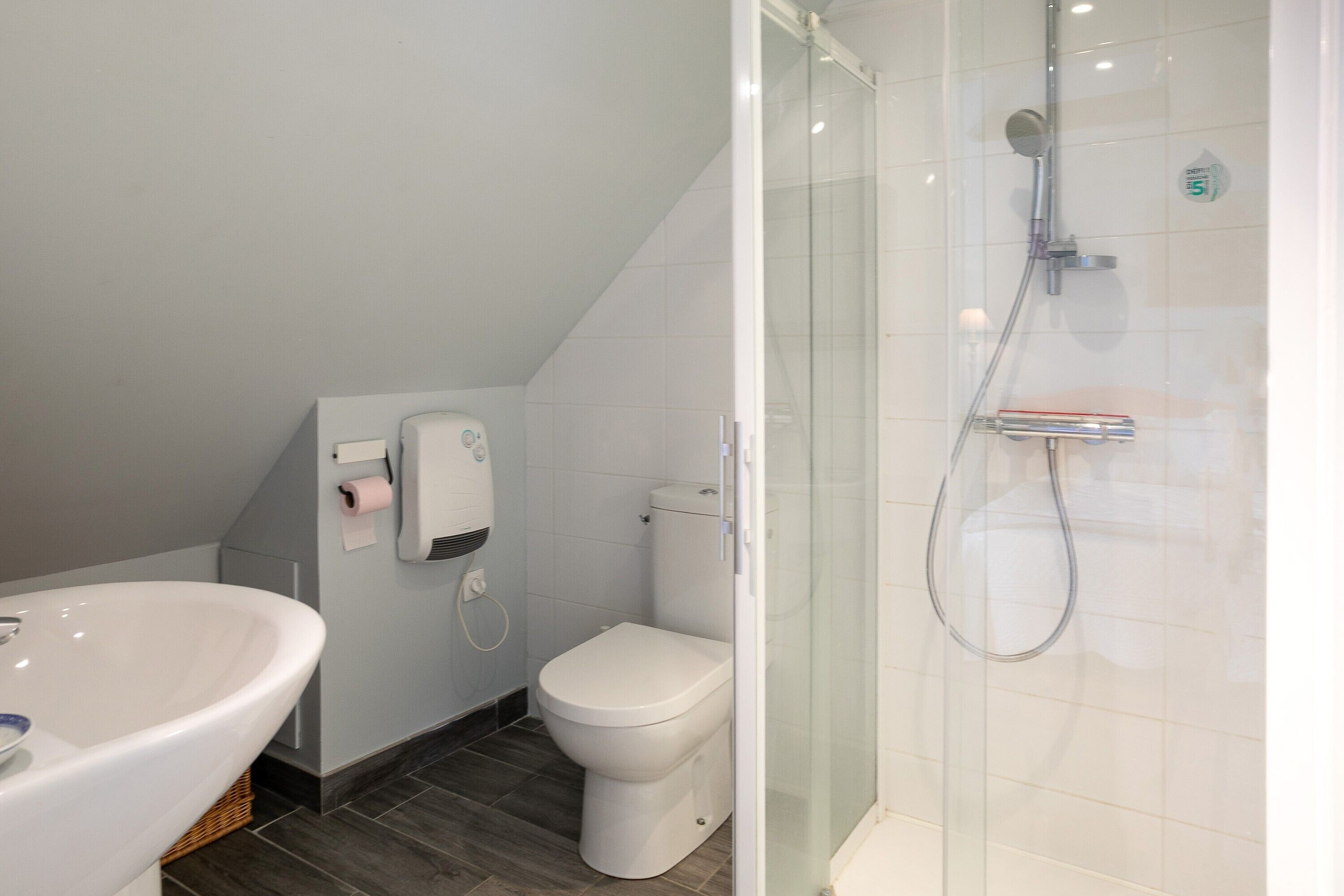 Un baño moderno con ducha envuelta en vidrio, un inodoro blanco y un lavamanos grande y blanco.
