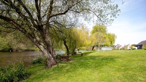 Un parque con un estanque, árboles, una mesa de picnic y un edificio al fondo.