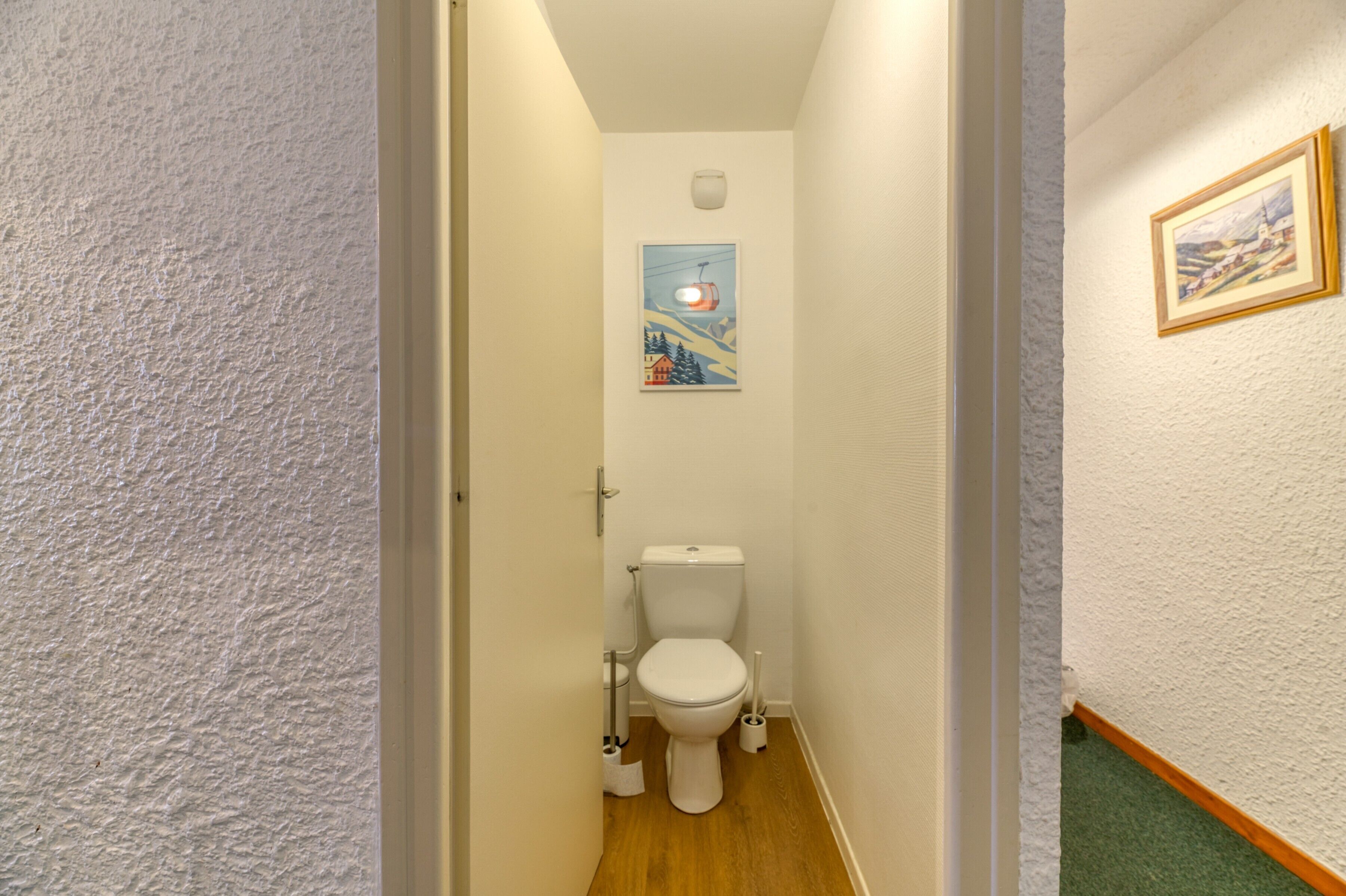 Un couloir étroit mène à des toilettes blanches, au-dessus desquelles est accrochée une peinture représentant un paysage de montagne.