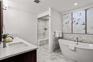 Hair dryer, towels, soap, shampoo