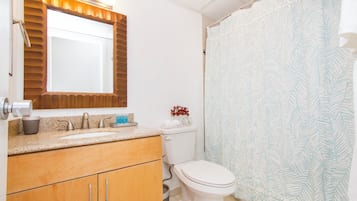 Hair dryer, towels, soap, shampoo