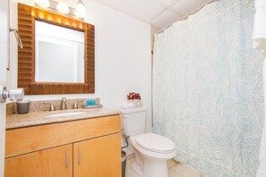 Hair dryer, towels, soap, shampoo
