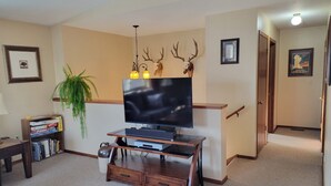 Ein Wohnzimmer mit einem Flachbildfernseher auf einem Holzboden, einem Bücherregal, einer Pflanze und einem Flur mit einer Tür.