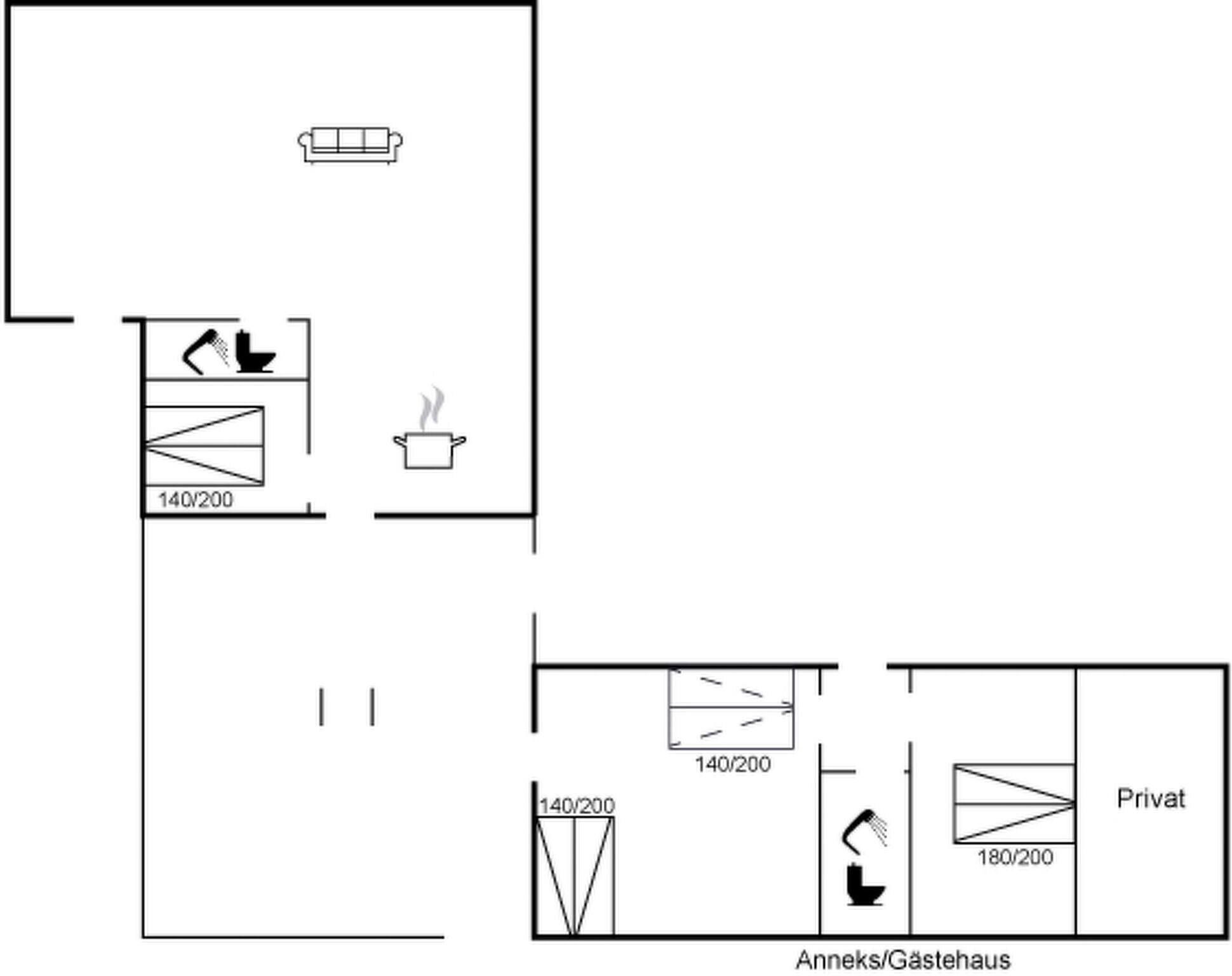 A floor plan with a kitchenette, a private room, and a bathroom.