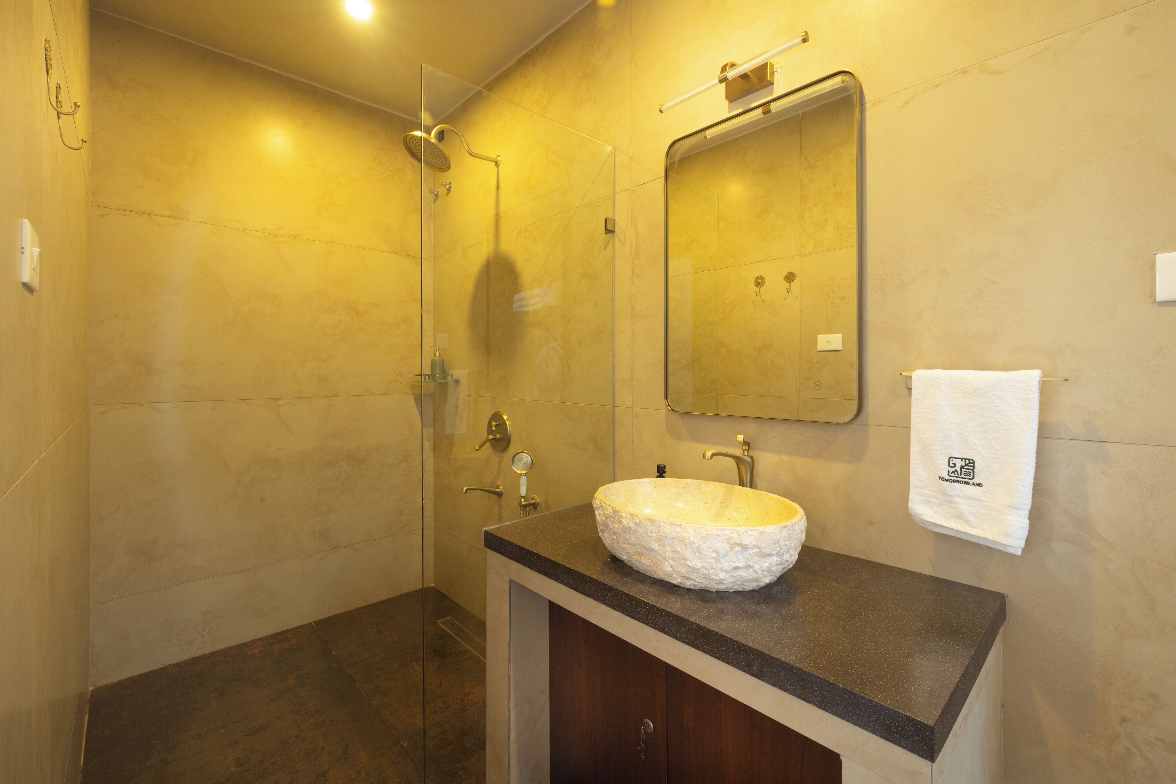 Une salle de bain dotée d’une douche à parois de verre, d’un lavabo avec un receveur en pierre et d’un miroir au-dessus du lavabo.