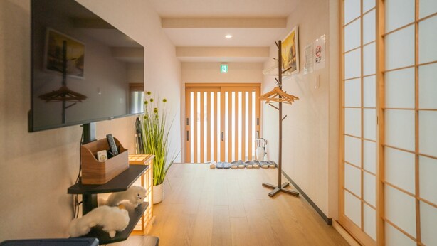 A hallway with a wooden floor, a television on the left, a plant, and a shoe rack. - Miyu Bonichi (Osaka)