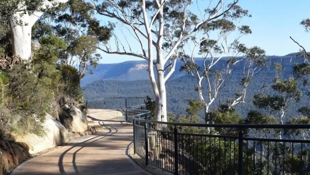 A paved pathway with a metal railing, surrounded by trees and a mountainous landscape. - Restored one bedroom holiday flat. (Katoomba)